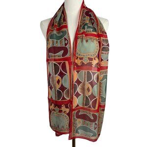 The British Museum Silk Long Scarf Abstract & Animal Print 60" X 10" Red Teal